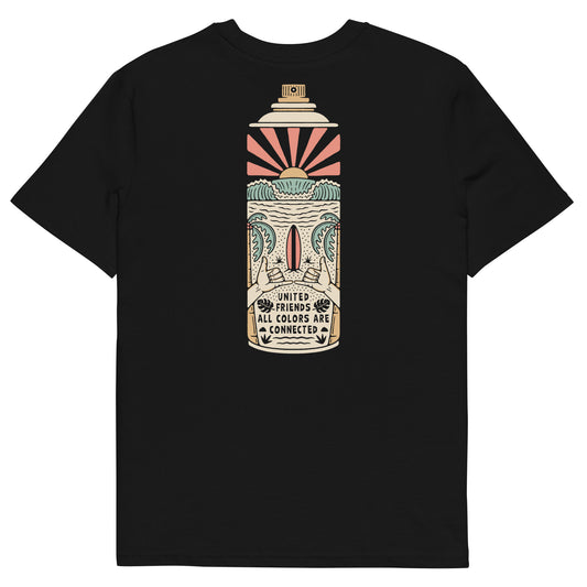 Schwarzes T-Shirt mit Graffiti-Spraydosen-Design auf dem Rücken