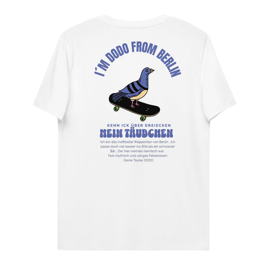 Dodo Berlin Taube auf Skateboard T-Shirt aus Bio Baumwolle weiß