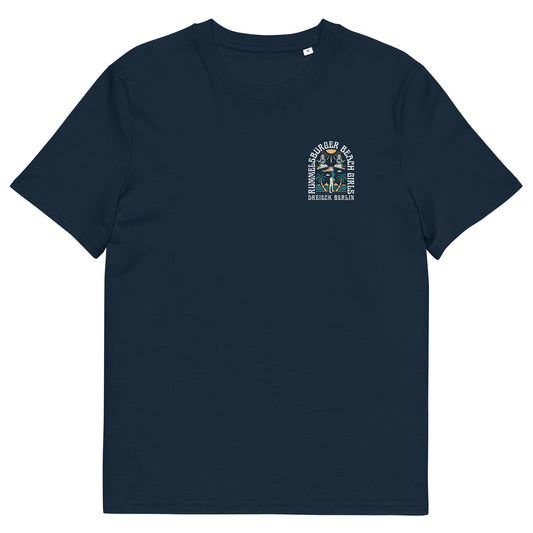 Vorderseite eines Navy Blue T-Shirt. Darauf sind 3 Mädchen auf einem Surfbrett. Aus Berlin Lichtenberg-Rummelsburger Buch
